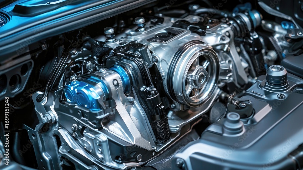 Poster a sleek, metallic engine with a blue and silver color scheme, featuring a large, circular engine blo