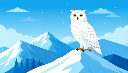 Snowy mountain landscape featuring a majestic white owl perched atop a snow-capped peak.