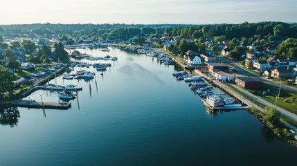 Fototapeta premium A serene harbor with boats docked, surrounded by a small town with houses and trees.