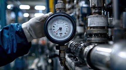 A gloved hand holding a pressure gauge in a factory setting.