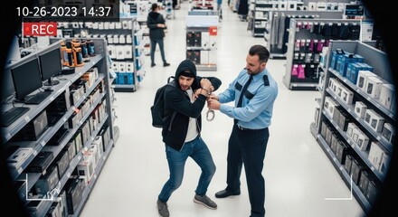 A security guard apprehending a suspect in a store.