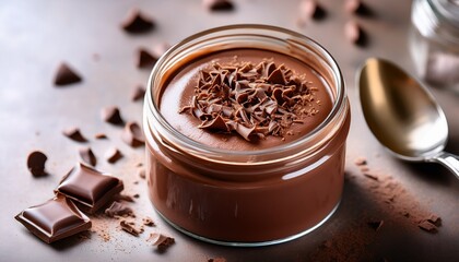 delightful chocolate mousse in a jar a close up captures the luxurious texture of a decadent chocolate mousse sprinkled with fine chocolate shavings a spoon hovers above ready to savor the rich