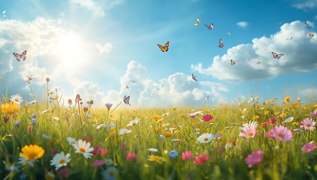 A vibrant spring meadow landscape with a field of white daisy and yellow chamomile flowers blossoming under a sunny blue sky