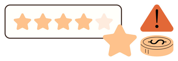 Star rating scale with highlighted ratings, warning triangle, dollar coin representing feedback, satisfaction, financial impact. Ideal for reviews, ecommerce, quality control, consumer trust