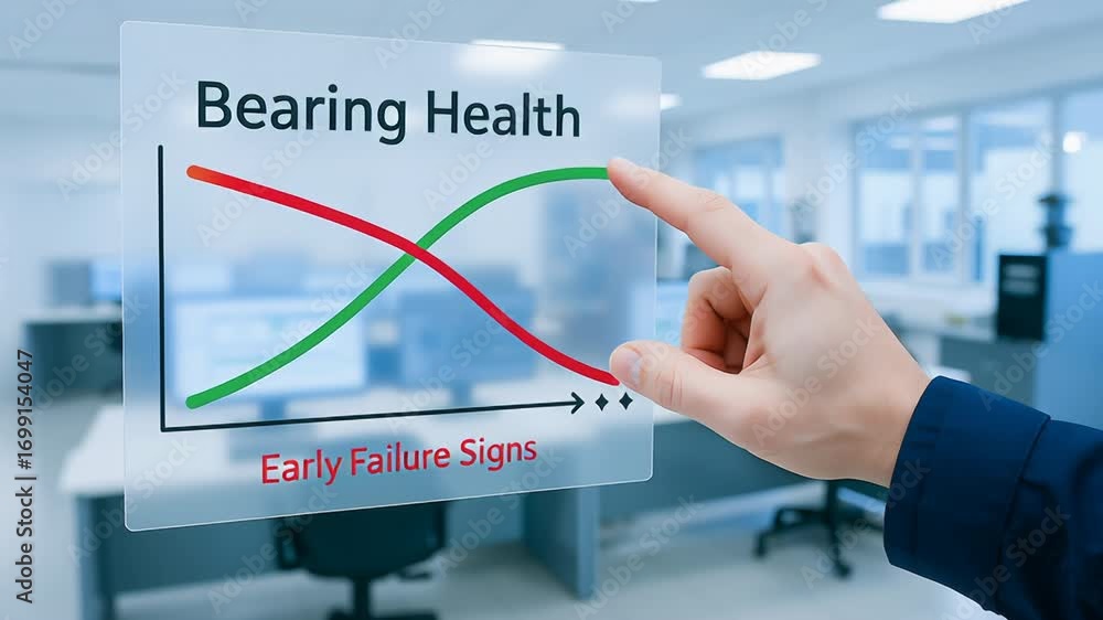 Poster predictive maintenance engineer analyzing bearing health data digital touchscreen interface