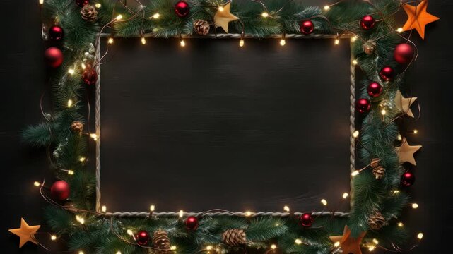 Top-down view of a festive Christmas frame with lights, pinecones, and ornaments, perfect for a holiday-themed video backdrop. Live desktop wallpaper.