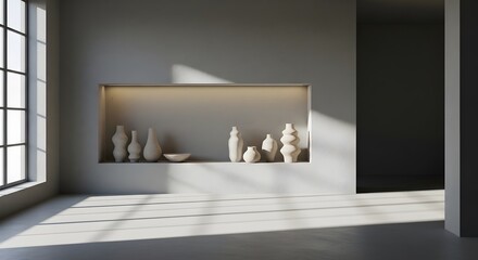 A modern interior scene featuring a recessed wall niche filled with minimalist ceramic vases and objects, bathed in soft, natural sunlight streaming through large windows, creating an airy atmosphere.