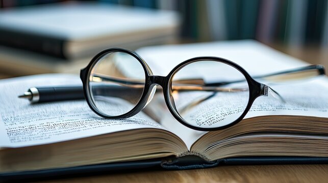 A pair of glasses and a pen resting on an open book with a pen on top.