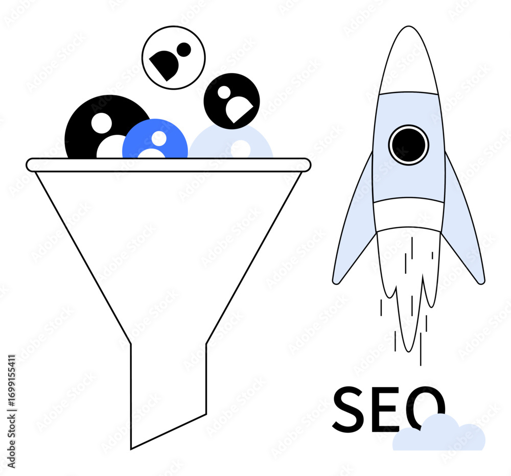 Poster funnel filtering diverse user profiles with a rocket symbolizing search engine optimization and grow
