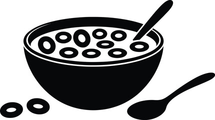 Black and white illustration of a bowl of cereal with a spoon