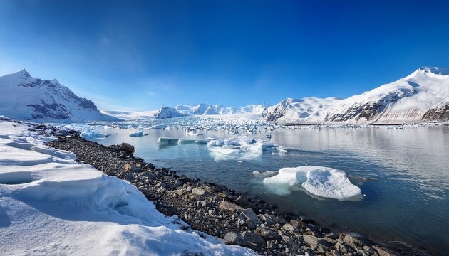 majestic glaciers and icebergs in distance create stunning winter landscape with snow covered rocks and mountains under clear blue sky - Powered by Adobe
