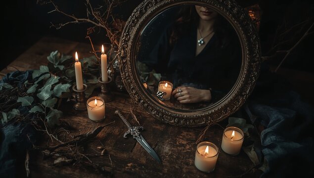 Dark mystical witchcraft still life with candles, mirror and ritual dagger