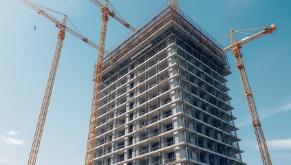 Towering skyscraper construction site with massive yellow cranes against a clear blue sky backdrop