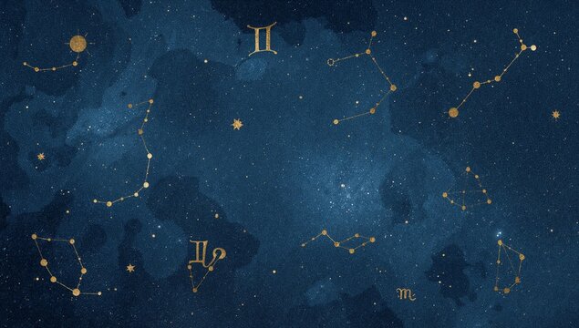 Elegant watercolor zodiac constellations with golden stars on night sky background
