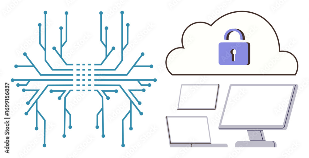 Poster circuit board pattern symbolizing technology and cloud graphic with a padlock for cybersecurity. ide