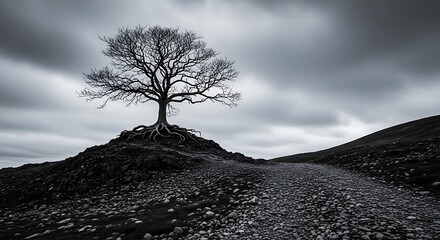 Monochrome landscape featuring a solitary tree silhouetted against a cloudy sky, standing atop a small hill with a rocky path leading up to it, creating a dramatic and atmospheric scene