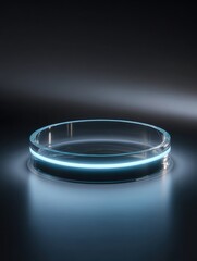 Transparent Circular Glass Dish With Glowing Blue Light in a Dark Setting Highlighting Its Elegant Design and Modern Aesthetic