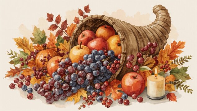 Watercolor illustration of a cornucopia with autumn fruits and vegetables