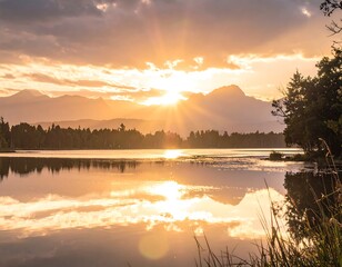 Fototapeta premium Golden sunset over a lake