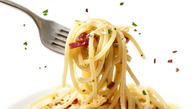 Garfo levantando espaguete &agrave; carbonara