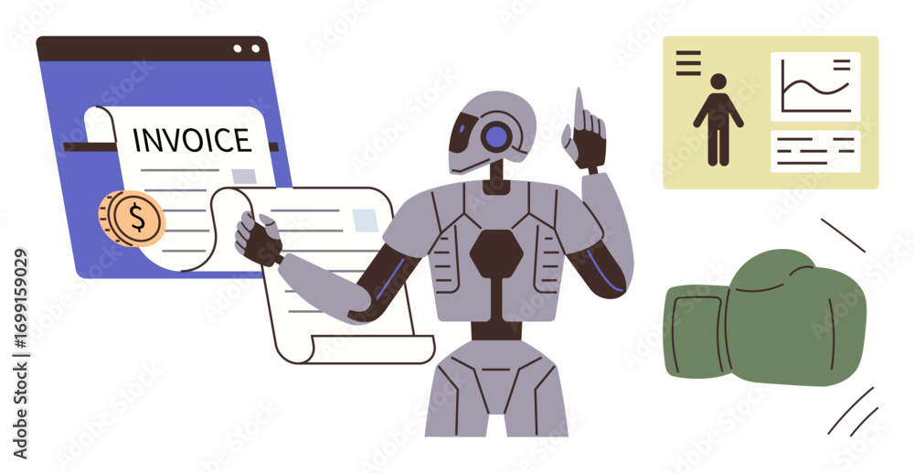 Poster robot handling digital invoice, analyzing user profile, financial statistics with automation themes.