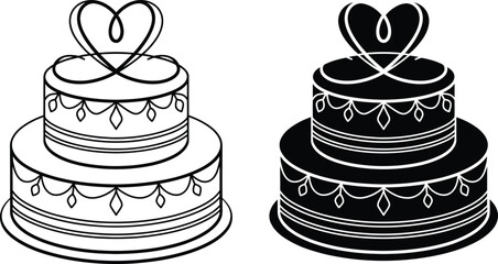 Elegant three tier wedding cake with heart topper in outline and silhouette