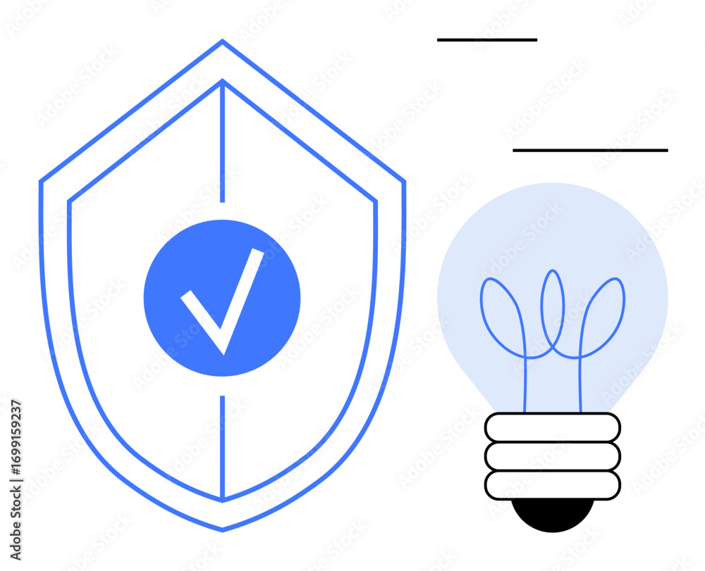 Poster shield with central checkmark alongside modern lightbulb outline. ideal for security, innovation, pr