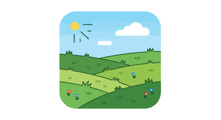 Fototapeta premium Stylized Landscape Icon with Rolling Green Hills, Flowers, Sunny Sky and a Fluffy Cloud for Interface Design