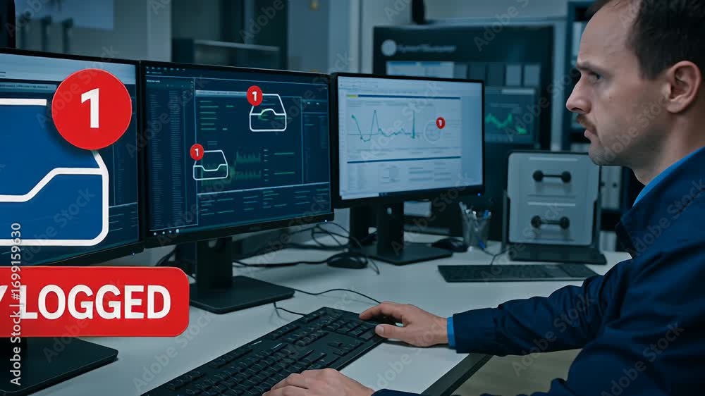 Poster predictive maintenance engineer monitoring cybersecurity anomaly alert dashboard for network