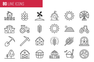Fototapeta premium Collection of 80 black and white line icons depicting farming and agriculture elements rural harvest