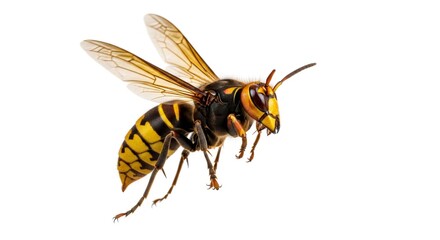 Fototapeta premium Large hornet flying on white background. Pest control concept. Invasive insect species, danger and protection.
