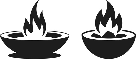 Two stylized black silhouette bowls with flames burning brightly