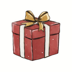Hand-Drawn Watercolor Gift Box with Gold Bow - Festive Present Illustration