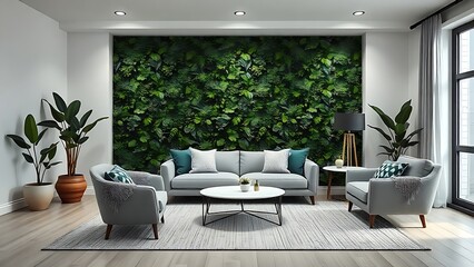Fototapeta premium Elegant living space with botanical wall and geometric furniture, highlighting modern home aesthetics and texture.