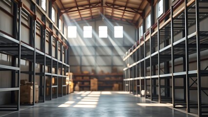 Fototapeta premium An expansive warehouse with atmospheric light beams highlighting the industrial interior.