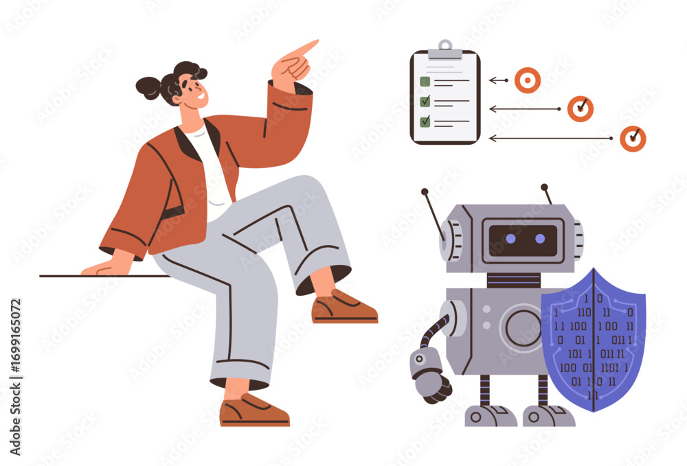 Aufkleber woman gesturing to checklist with progress markers, robot with protective shield highlighting data s