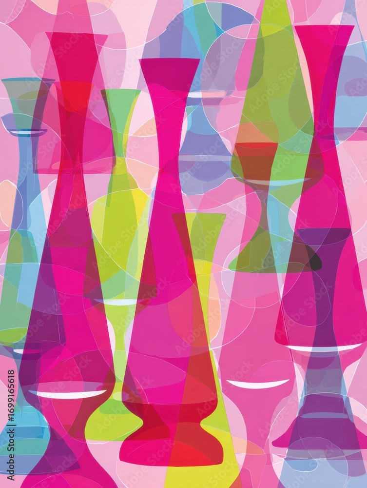Poster brightly colored vases arranged artistically with overlapping shapes and patterns in a vibrant abstr