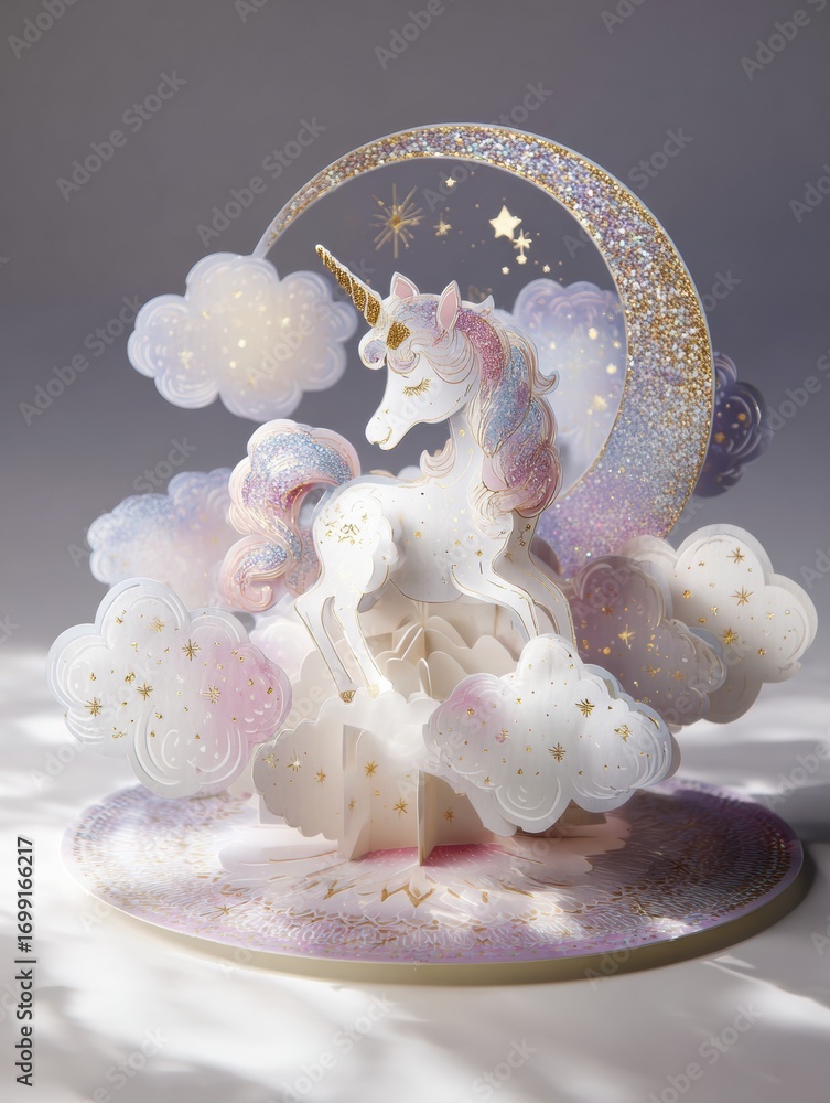 Aufkleber Magical Unicorn Display Surrounded by Pastel Clouds and a Shimmering Moon in a Whimsical Setting