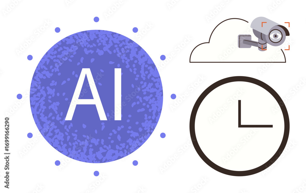 Poster ai text icon surrounded by dots, cloud with security camera, and clock represent ai, cloud computing
