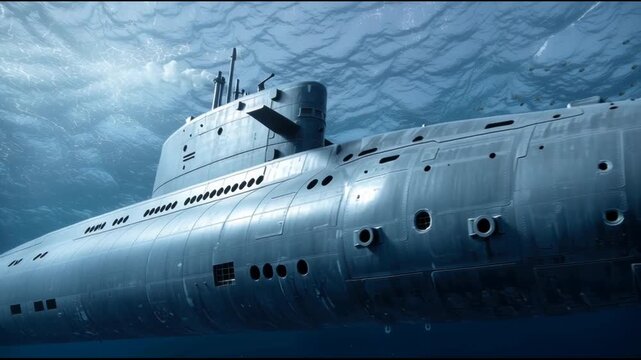 Powerful navy atomic submarine, silent military warship moving underwater through deep ocean water on stealthy patrol