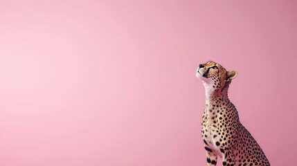 Cheetah Looking Up Against a Soft Pink Background in Studio Setting