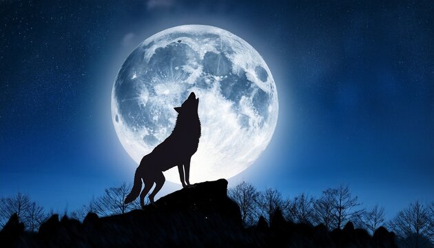 howling wolf under the glow of a full moon in a tranquil night sky
