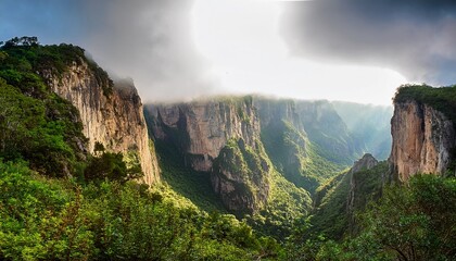 steep rugged cliffs rise above dense vegetation forming a dramatic landscape perfect for trekking climbing outdoor exploration nature discovery and alpine adventure in remote mountainous terrain