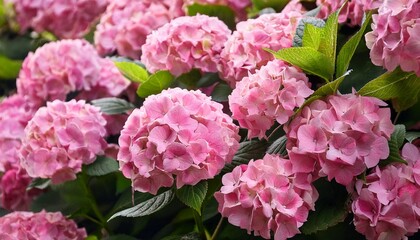Fototapeta premium close up of lavish bushes of pink hydrangea flowers with green leaves