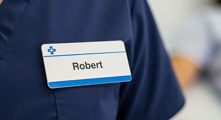 A nurse's name tag with the name 'Robert' on a blue uniform.