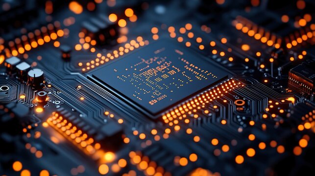Close - up of Illuminated Circuit Board with Central Chip