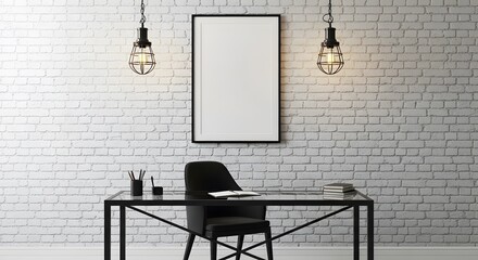 A minimalist home office interior featuring a sleek black desk, chair, and a blank framed picture on a textured white brick wall. Two industrial-style pendant lamps illuminate the scene.