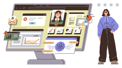 Oversized computer screen with open web pages, charts, videos, notifications, and an email alert, accompanied by a casually dressed person. Ideal for tech, productivity, education data
