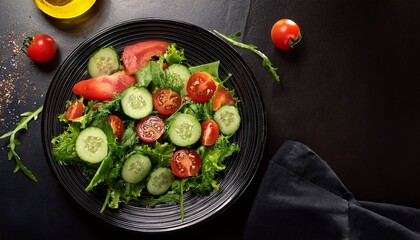 a vibrant salad featuring fresh greens ripe tomatoes and crisp cucumbers arranged artfully on a sleek black plate