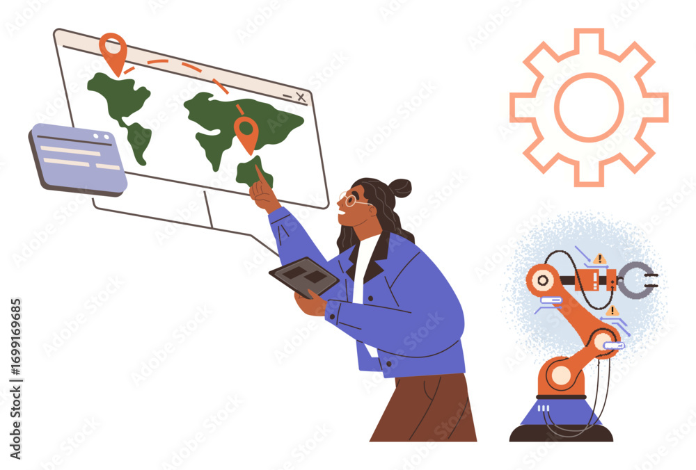 Poster woman with tablet points to world map with locations, analyzing automation strategies. ideal for tec